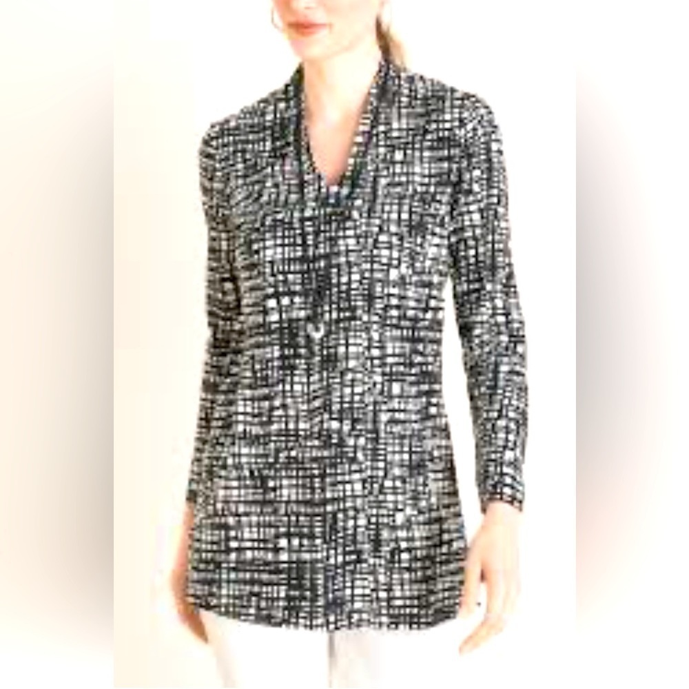 CHICO’S Sz 2 V-Neck Criss-Cross Print 100% Pima Cotton Made in India Tunic Top